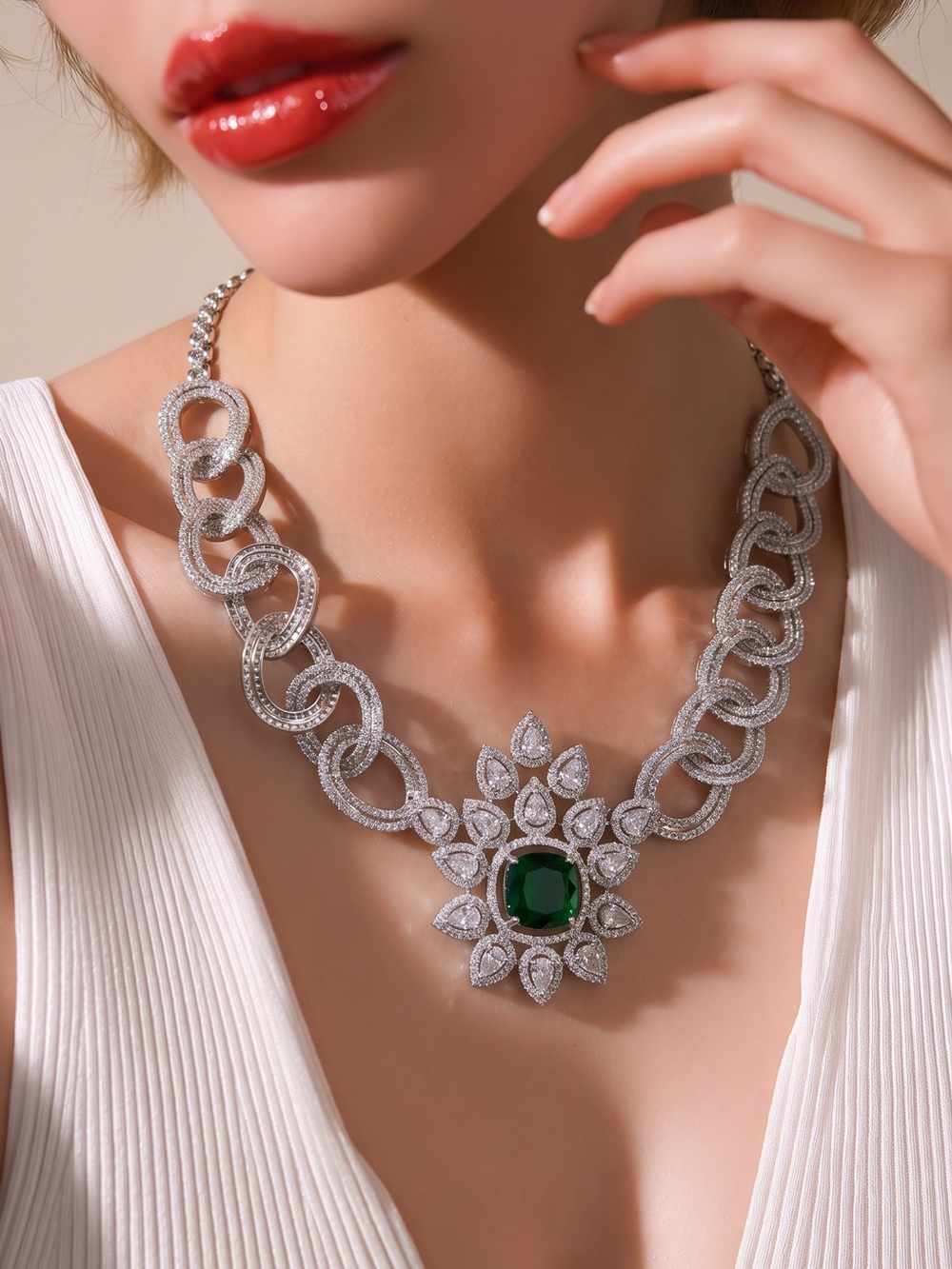 Silver tone Mossanite Link Necklace set with Emerald crystal Centerpiece